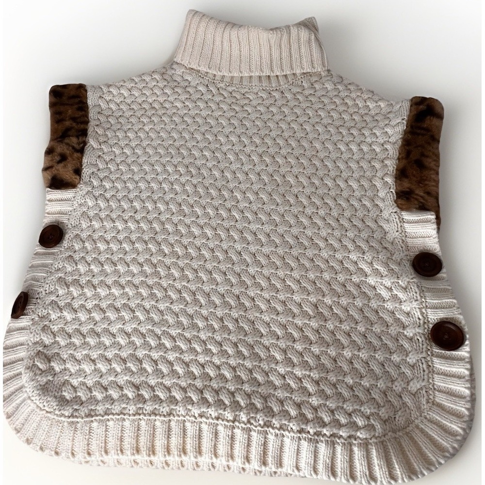 Girls Large 10/12 Aspen Kids Cream Knit Poncho Sweater Faux Fur Trim Vest